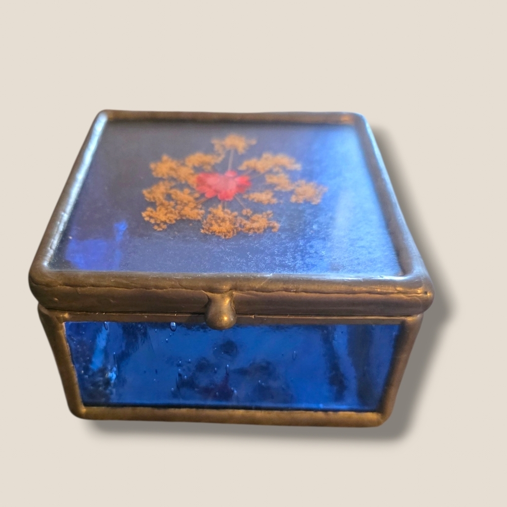 Vintage Blue Glass Trinket Box with Gold Floral Accent